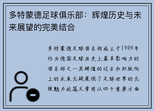 多特蒙德足球俱乐部：辉煌历史与未来展望的完美结合