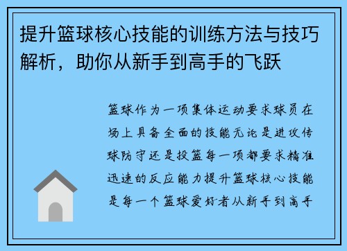 提升篮球核心技能的训练方法与技巧解析，助你从新手到高手的飞跃