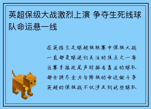 英超保级大战激烈上演 争夺生死线球队命运悬一线