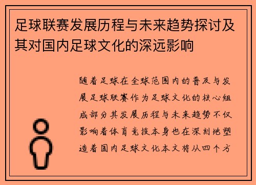 足球联赛发展历程与未来趋势探讨及其对国内足球文化的深远影响
