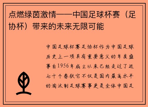 点燃绿茵激情——中国足球杯赛（足协杯）带来的未来无限可能