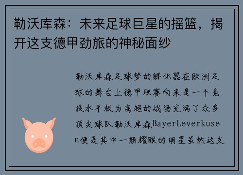 勒沃库森：未来足球巨星的摇篮，揭开这支德甲劲旅的神秘面纱