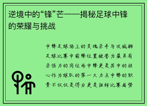 逆境中的“锋”芒——揭秘足球中锋的荣耀与挑战